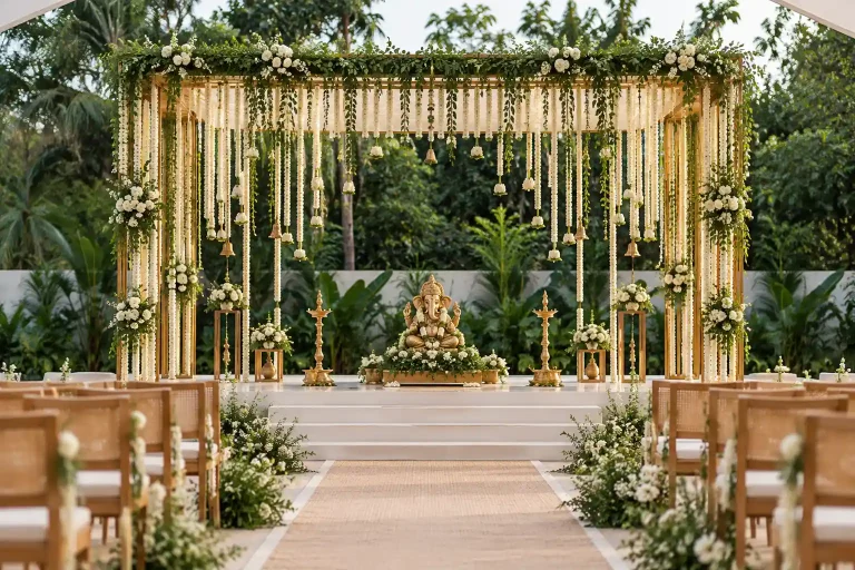 Guruvayur destination wedding mandap decorated with traditional Kerala floral elements and Ganesha statue