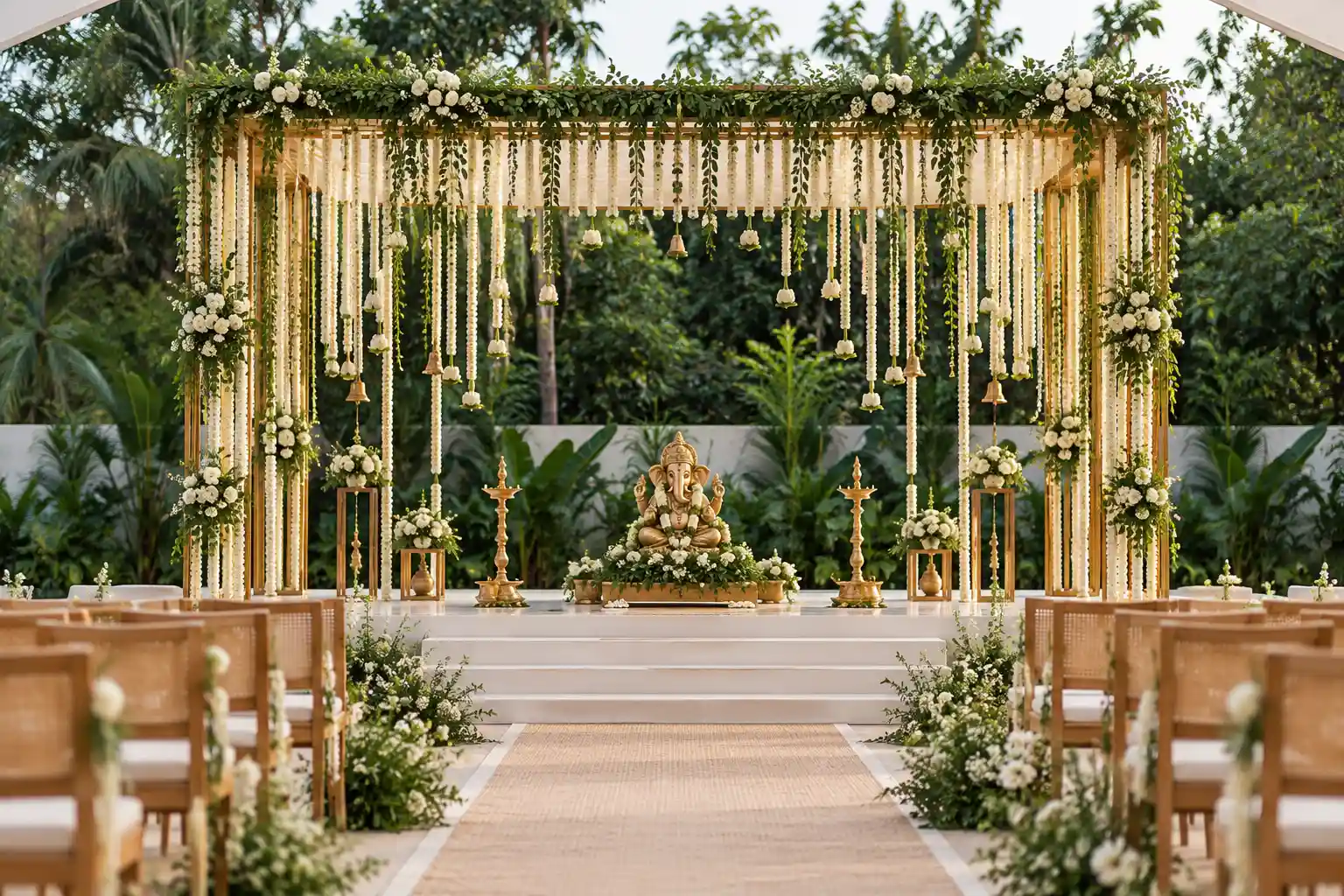 Guruvayur destination wedding mandap decorated with traditional Kerala floral elements and Ganesha statue