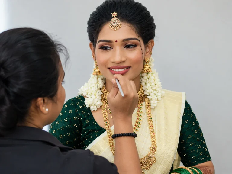 Bridal Makeup Guruvayur featuring a professional makeup artist applying lipstick to a bride wearing traditional Kerala bridal attire and gold jewelry.